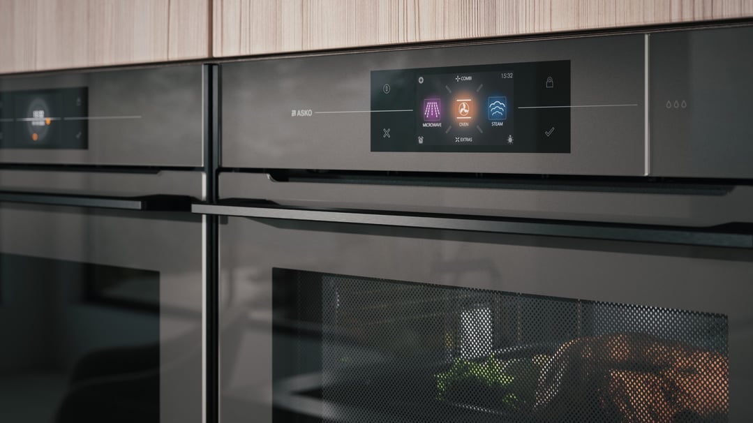 Built-in microwave oven with digital display showing cooking options in a kitchen