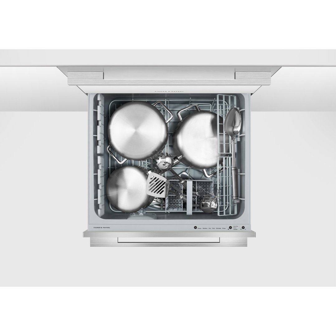 Top-down view of an open Integrated Double DishDrawer Dishwasher filled with pots