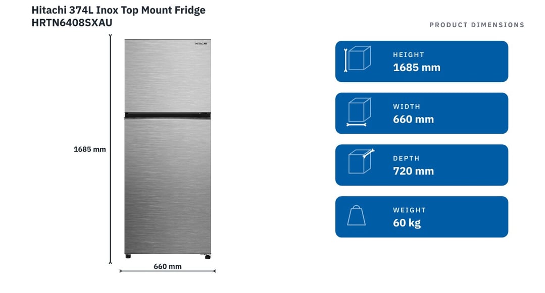 Hitachi 374L Inox Top Mount Fridge HRTN6408SXAU — product dimensions
