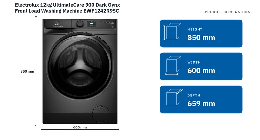 Electrolux 12kg UltimateCare 900 Dark Oynx Front Load Washing Machine EWF1242R9SC — product dimensions