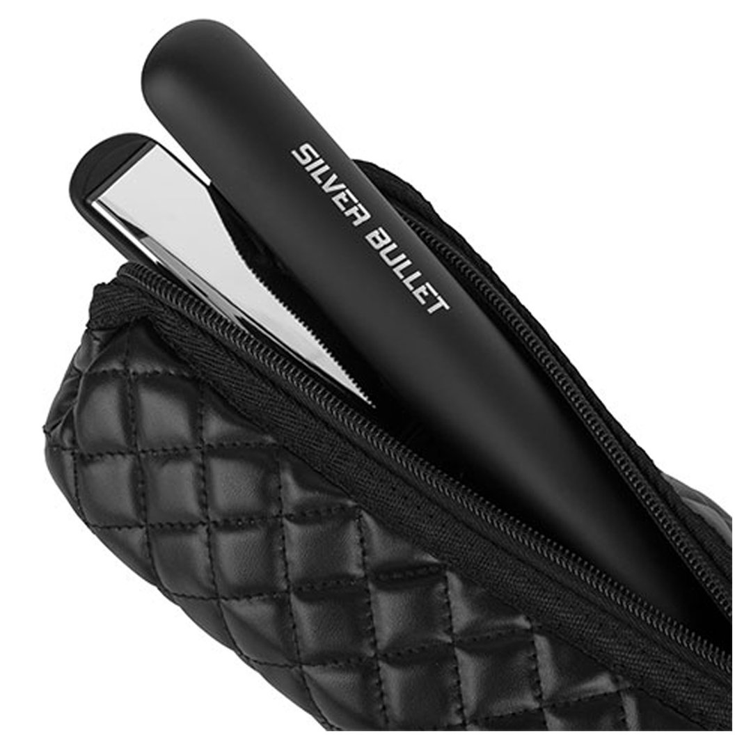 Black hair straightener with silver plates in a quilted black case