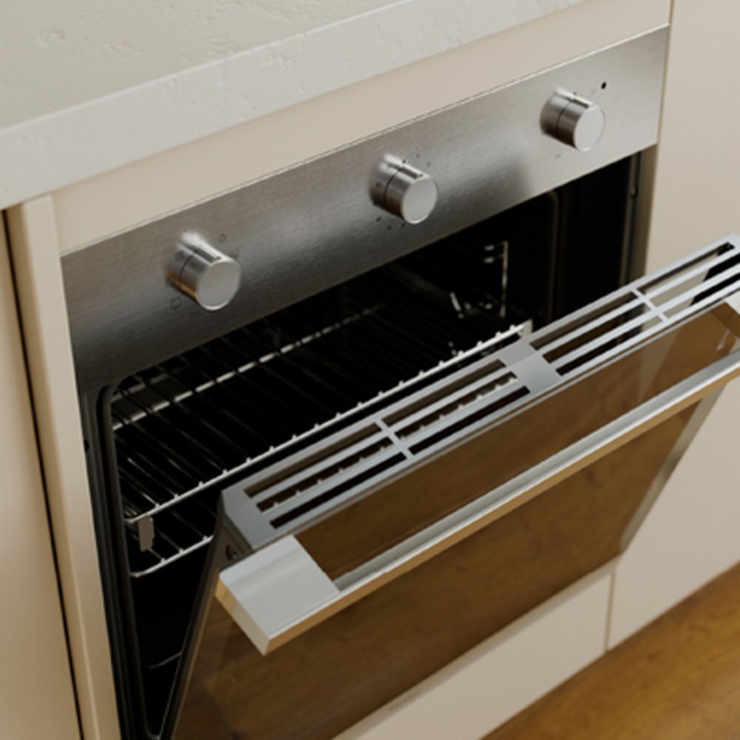Built-in oven with stainless steel finish and open door in a kitchen setting