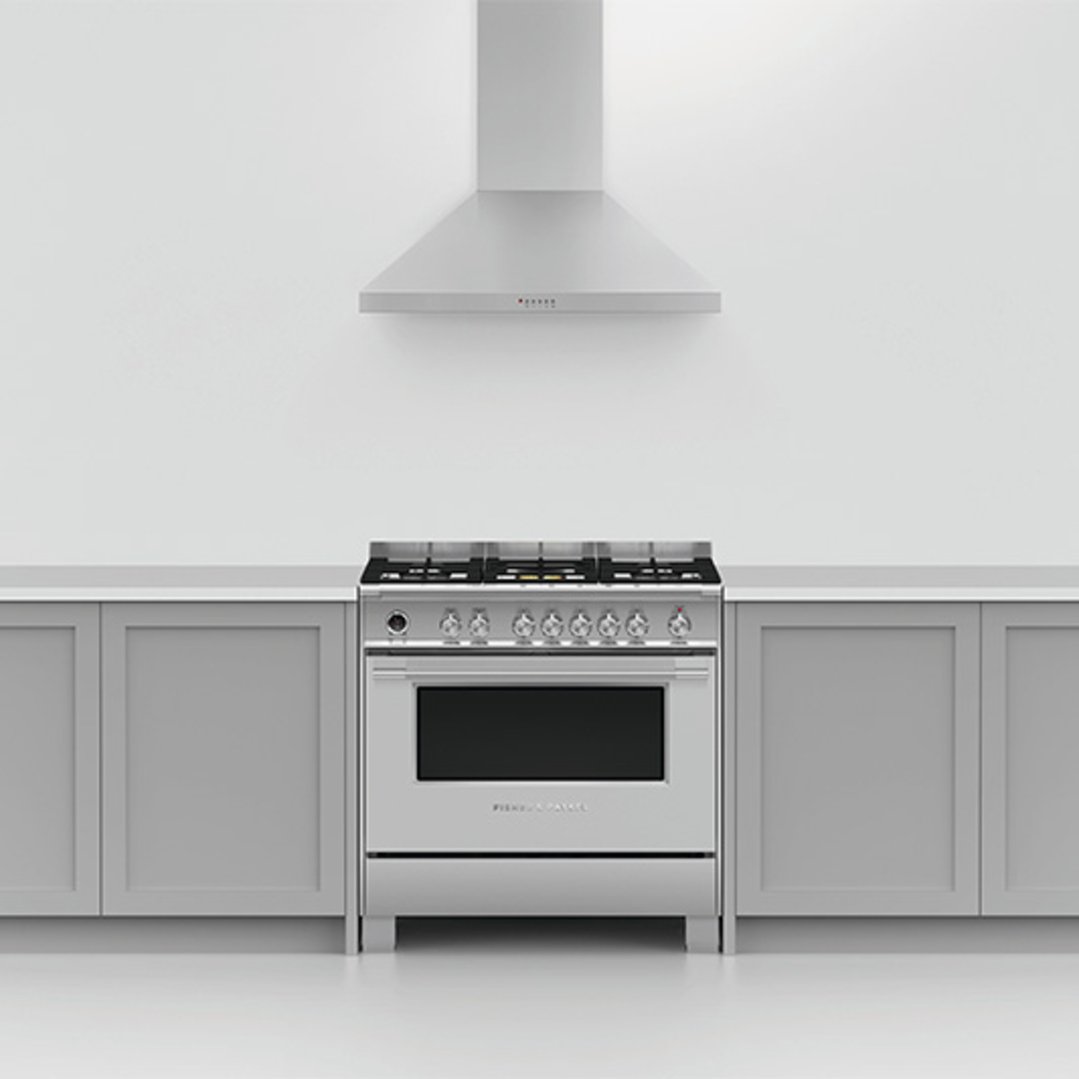 Stainless steel rangehood and range cooker in a kitchen with light grey cabinetry