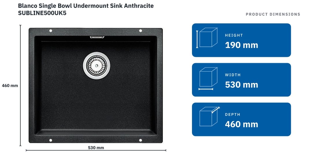 Blanco Single Bowl Undermount Sink Anthracite SUBLINE500UK5 — product dimensions