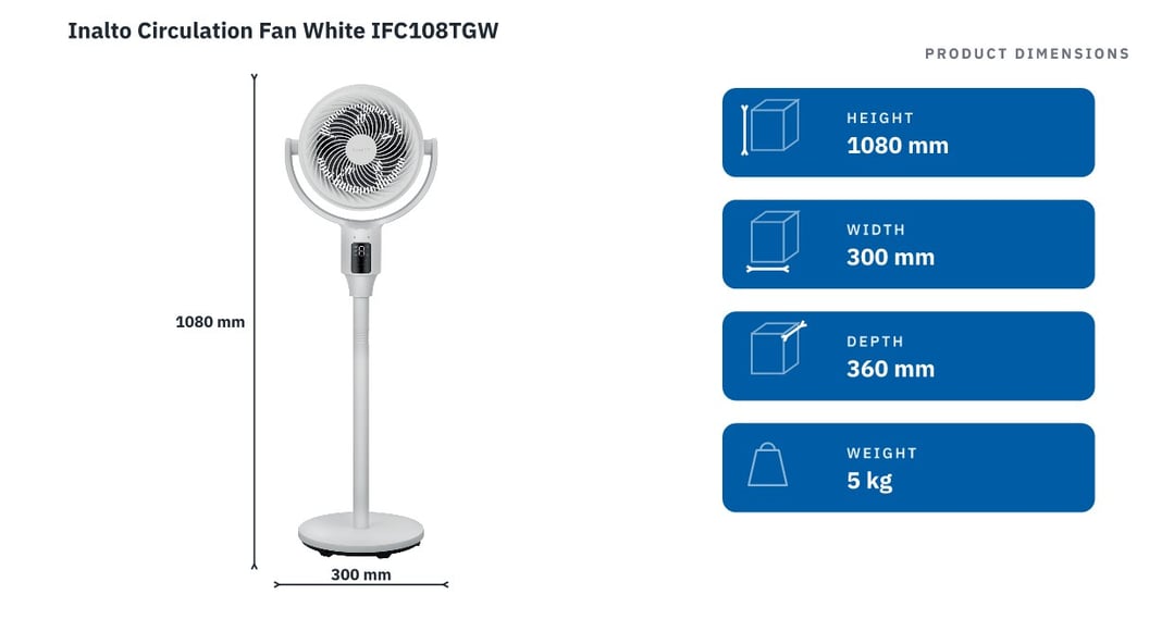 Inalto Circulation Fan White IFC108TGW — product dimensions