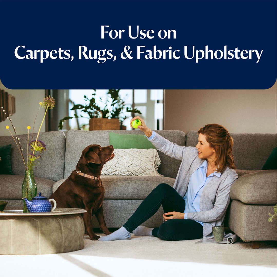 Woman playing with a dog in a living room, with text overlay about product use