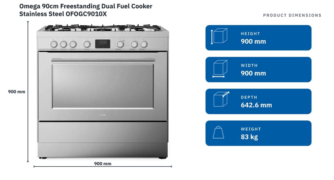Omega 90cm Freestanding Dual Fuel Cooker Stainless Steel OFOGC9010X — product dimensions