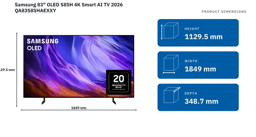 Samsung 83" OLED S85H 4K Smart AI TV 2026 QA83S85HAEXXY — product dimensions