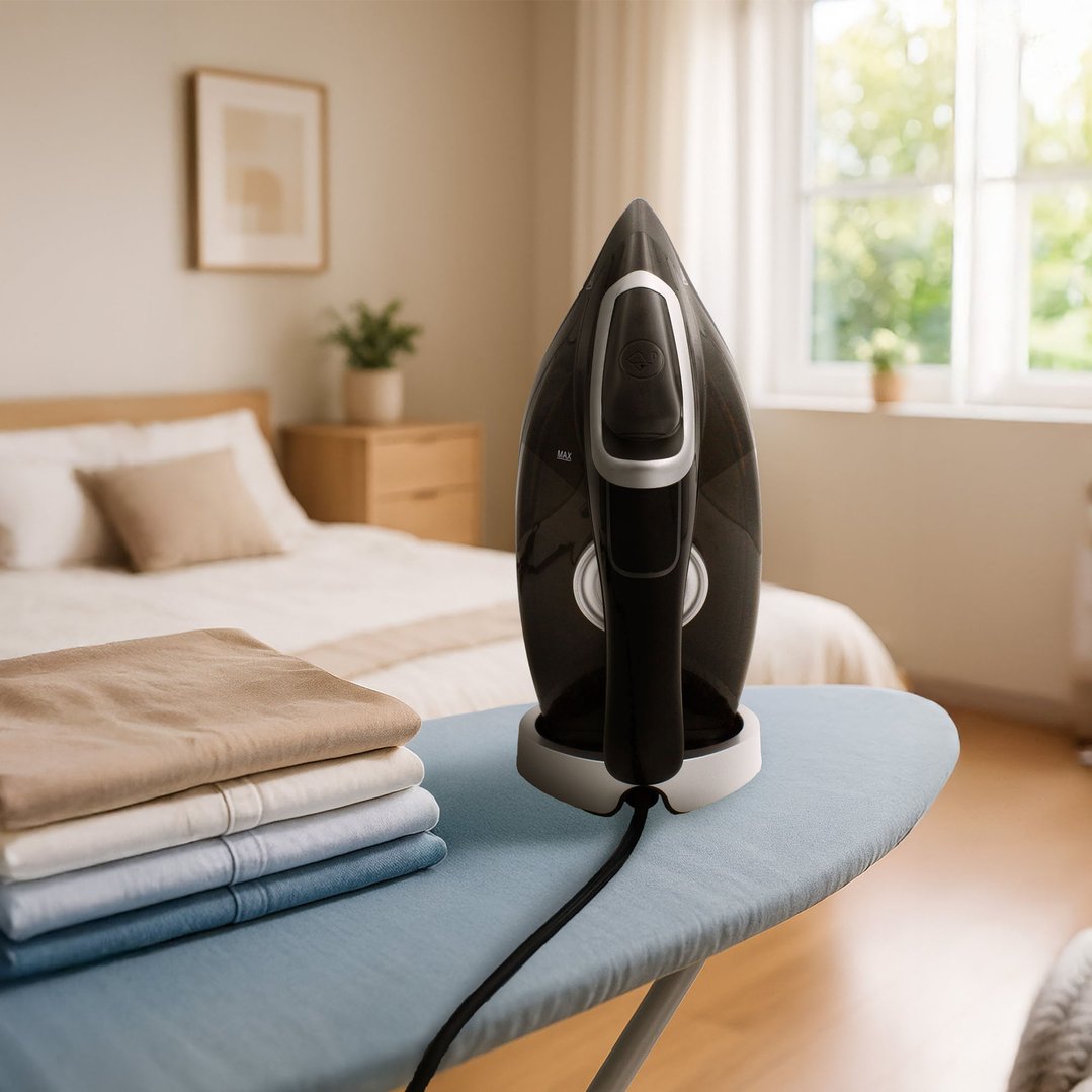 Black and silver steam iron on an ironing board with folded clothes in a bedroom