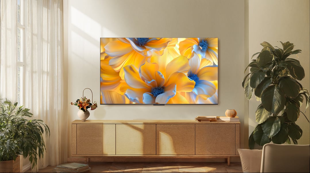 A TCL TV displaying colorful flowers, mounted above a wooden cabinet in a living room