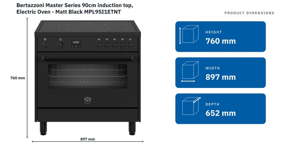 Bertazzoni Master Series 90cm induction top, Electric Oven - Matt Black MPL95I1ETNT