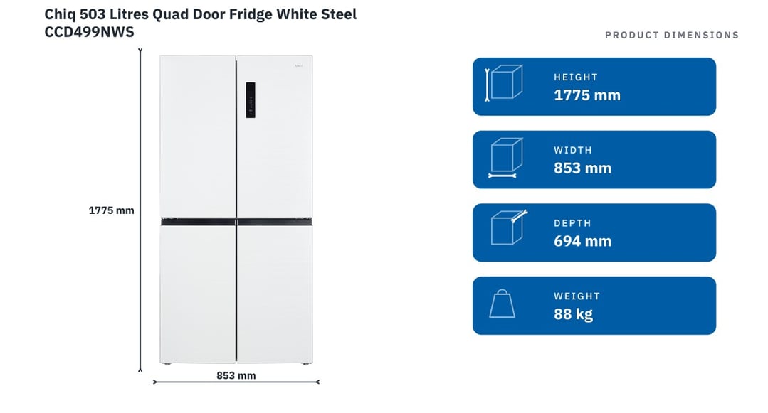 Chiq 503 Litres Quad Door Fridge White Steel CCD499NWS