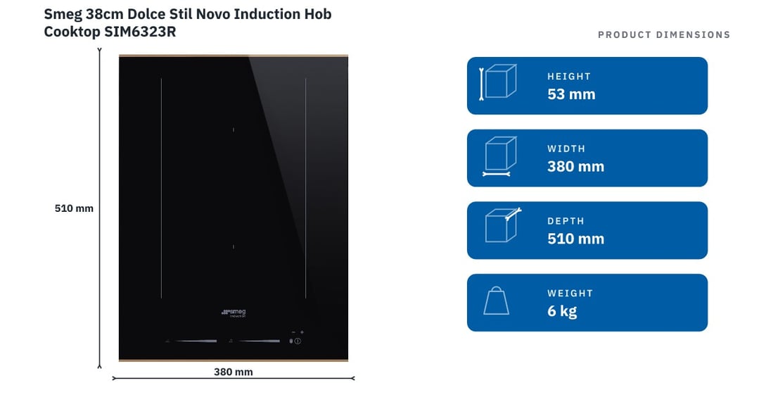 Smeg 38cm Dolce Stil Novo Induction Hob Cooktop SIM6323R — product dimensions