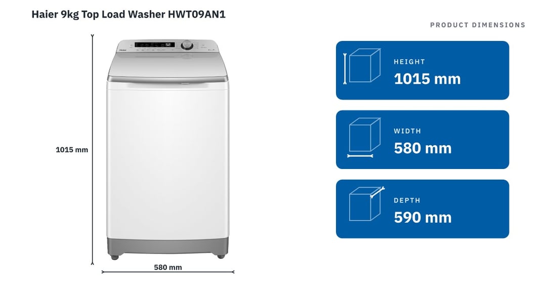 Haier 9kg Top Load Washer HWT09AN1 — product dimensions