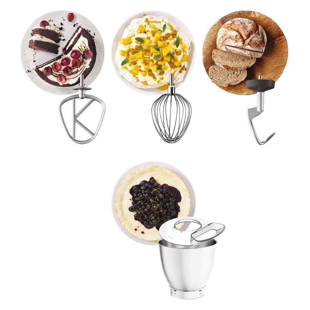 Food mixer attachments and bowls with various baked goods and ingredients