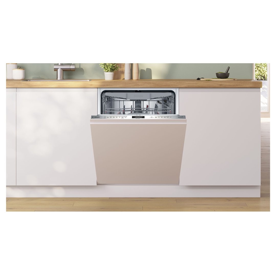 Built-in dishwasher with an open door in a modern kitchen setting