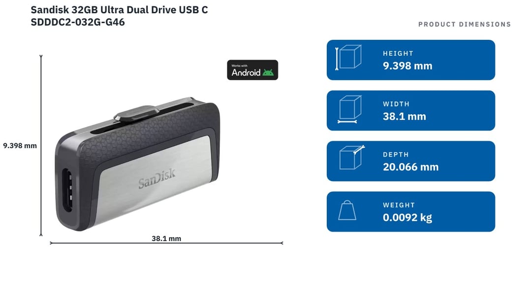 Sandisk 32GB Ultra Dual Drive USB C SDDDC2-032G-G46 — product dimensions