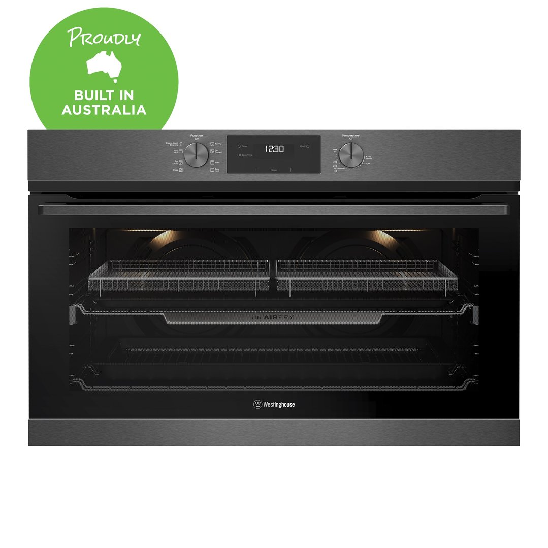 Westinghouse 90cm multi-function 8 dark stainless steel oven with Air Fry, twin fan, and 125L WVE9516DD