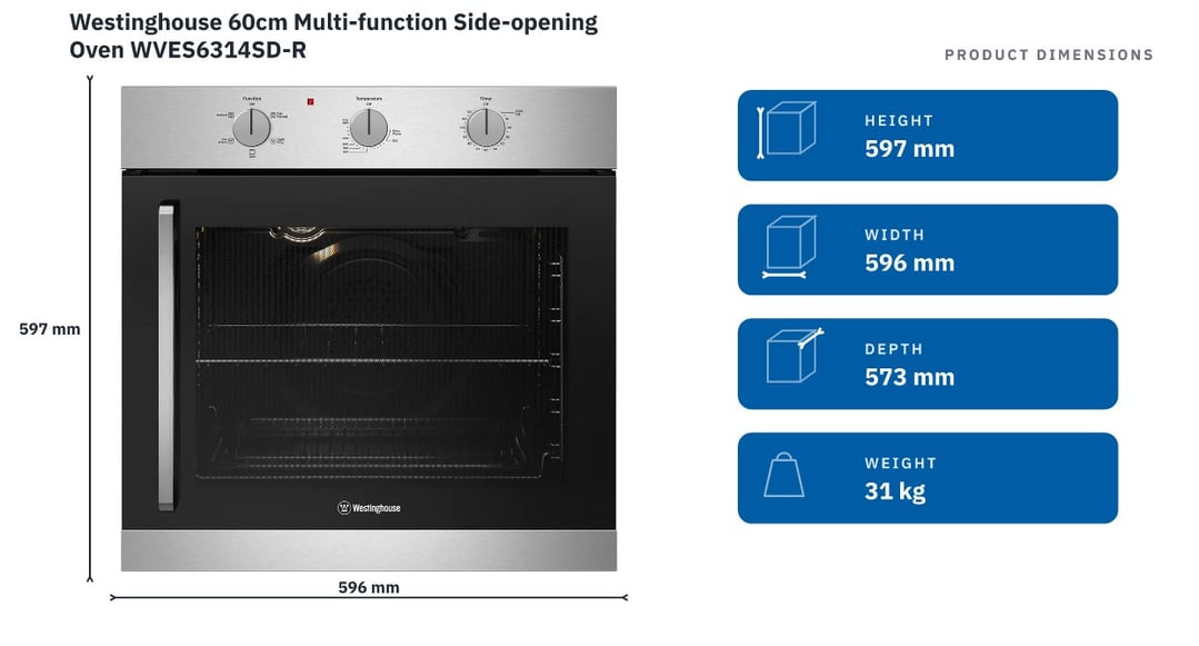Westinghouse 60cm Multi-function Side-opening Oven WVES6314SD-R — product dimensions