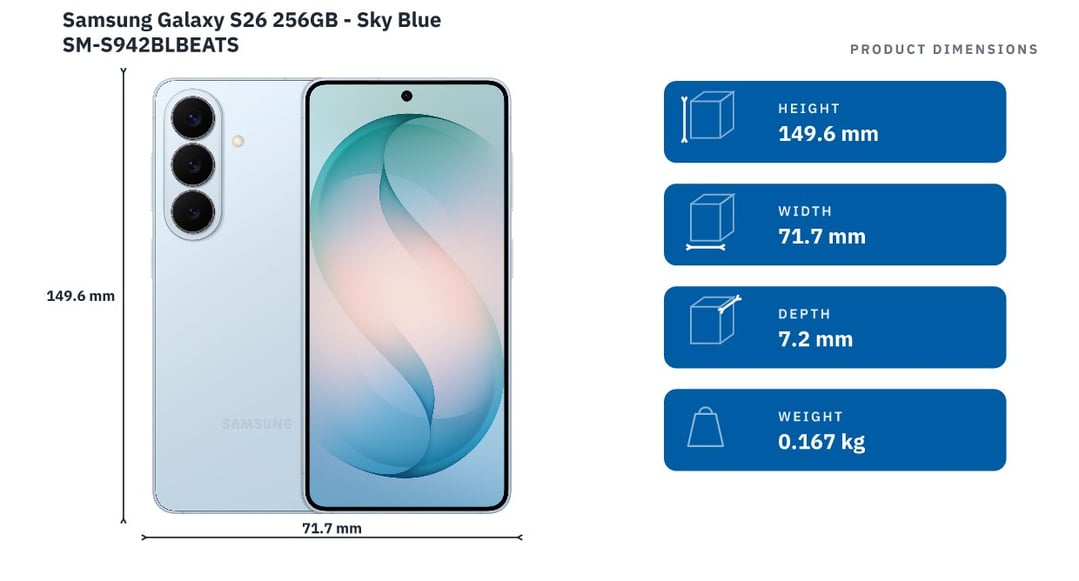 Samsung Galaxy S26 256GB - Sky Blue SM-S942BLBEATS — product dimensions