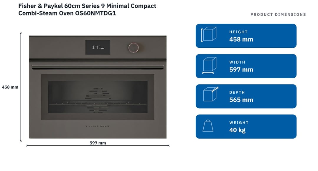 Fisher & Paykel 60cm Series 9 Minimal Compact Combi-Steam Oven OS60NMTDG1 — product dimensions