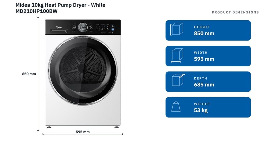 Midea 10kg Heat Pump Dryer - White MD210HP100BW — product dimensions