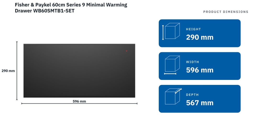 Fisher & Paykel 60cm Series 9 Minimal Warming Drawer WB60SMTB1-SET — product dimensions