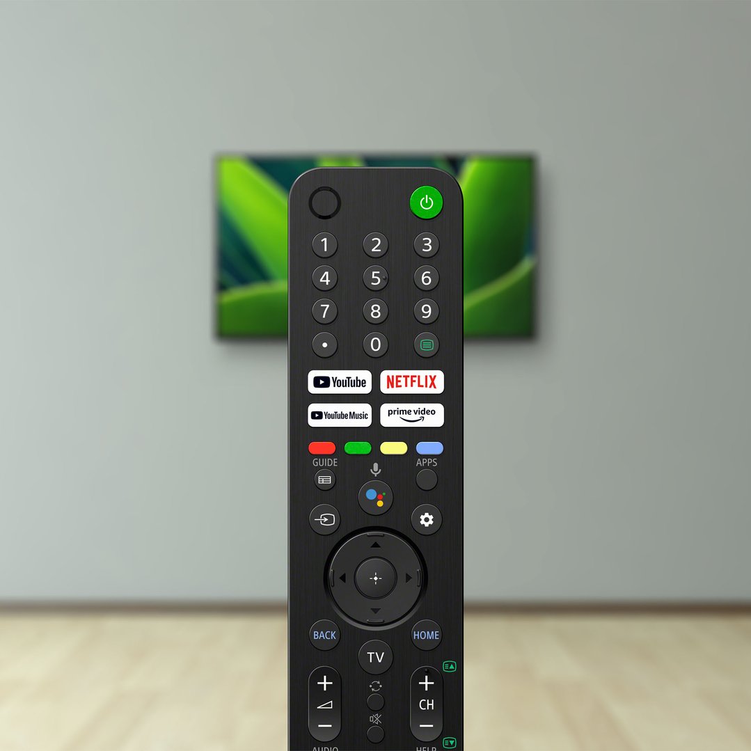 A TV remote control in front of a TV screen displaying green leaves