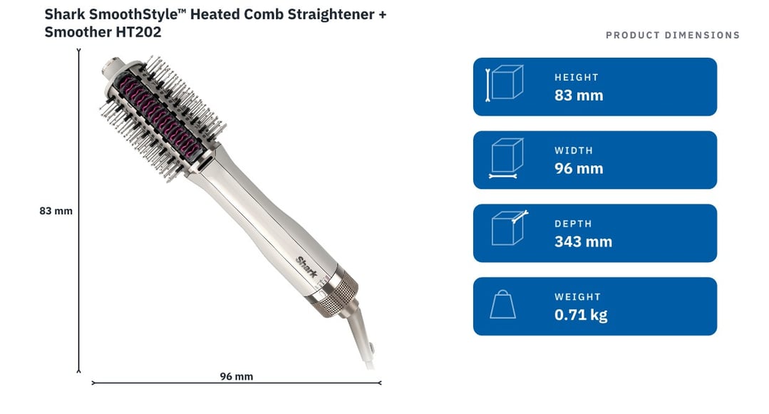 Shark SmoothStyle™ Heated Comb Straightener + Smoother HT202 — product dimensions