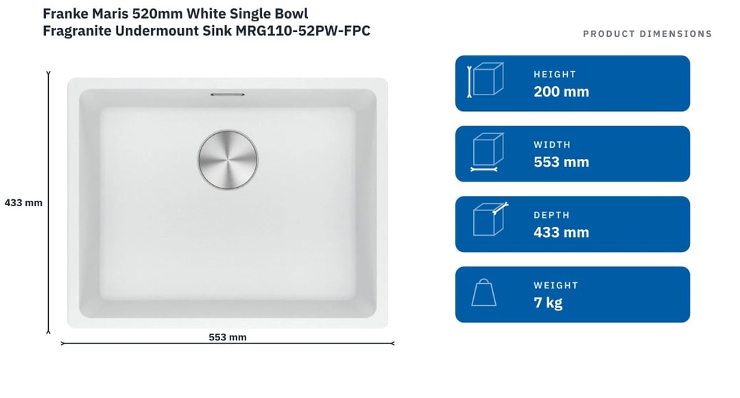 Franke Maris 520mm White Single Bowl Fragranite Undermount Sink MRG110-52PW-FPC — product dimensions
