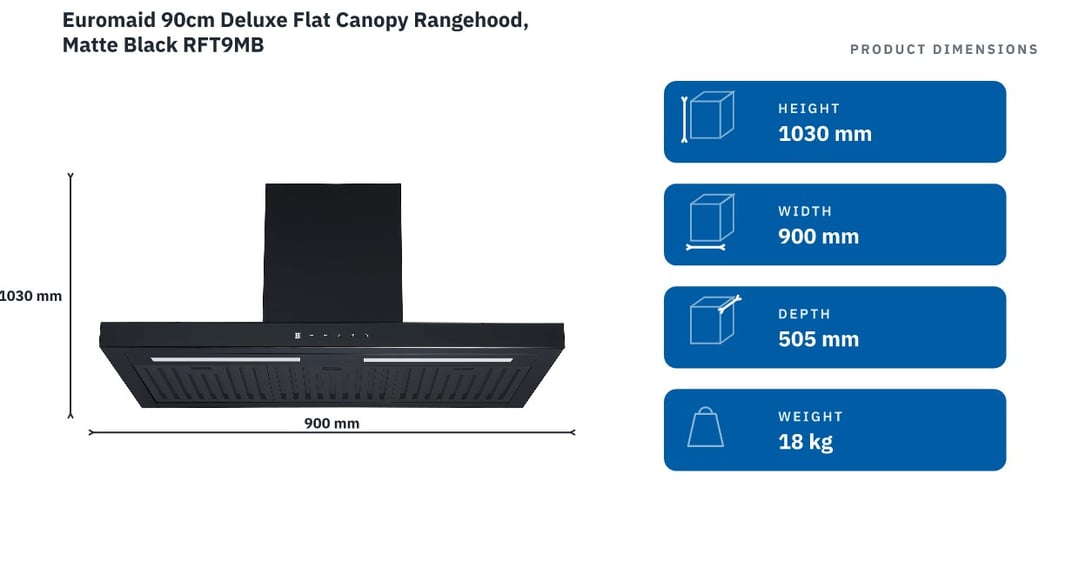 Euromaid 90cm Deluxe Flat Canopy Rangehood, Matte Black RFT9MB — product dimensions