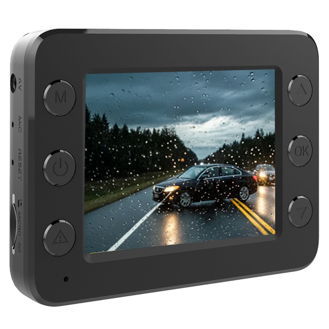 Full HD Dash Camera displaying a rainy road scene with cars at dusk