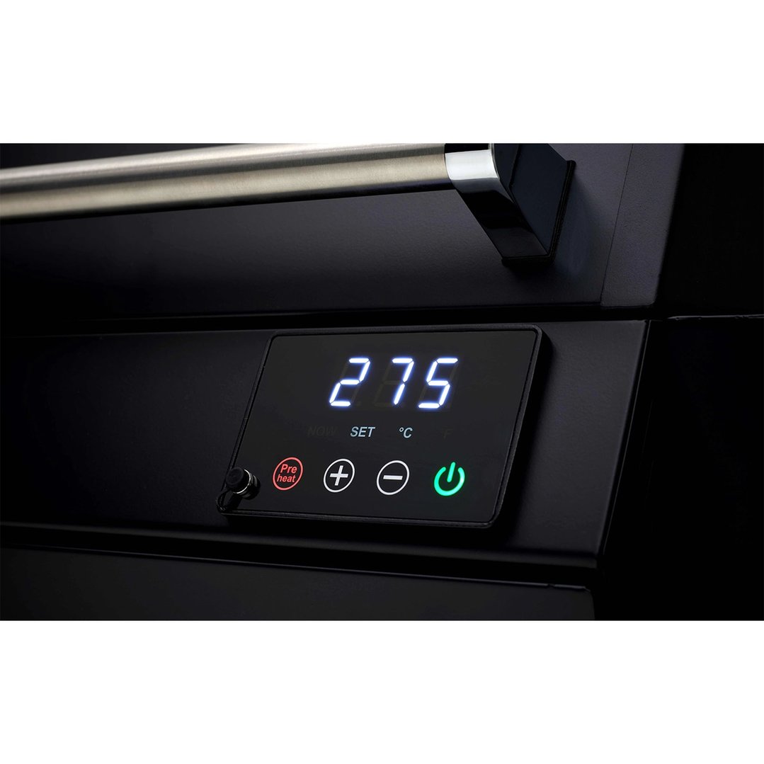 Close-up of the digital display and controls on a black portable electric BBQ