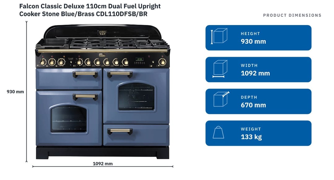 Falcon Classic Deluxe 110cm Dual Fuel Upright Cooker Stone Blue/Brass CDL110DFSB/BR — product dimensions
