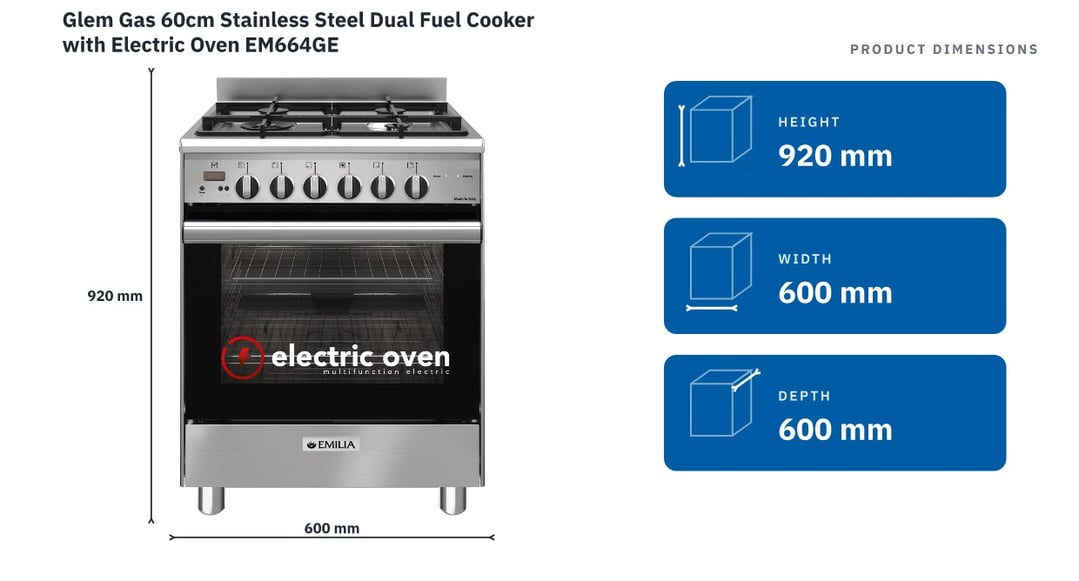 Emilia 60cm Stainless Steel Dual Fuel Cooker with Electric Oven EM664GE — product dimensions