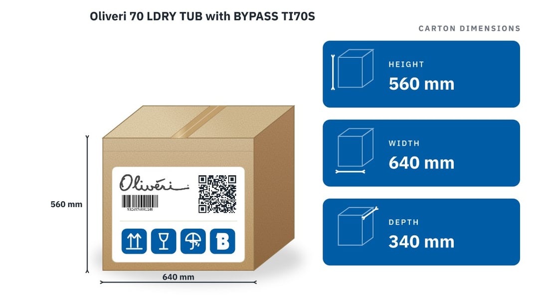 Oliveri 70 LDRY TUB with BYPASS TI70S — packaged dimensions