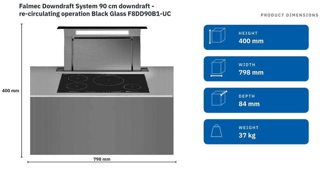 Falmec Downdraft System 90 cm downdraft - re-circulating operation Black Glass F8DD90B1-UC600 — product dimensions