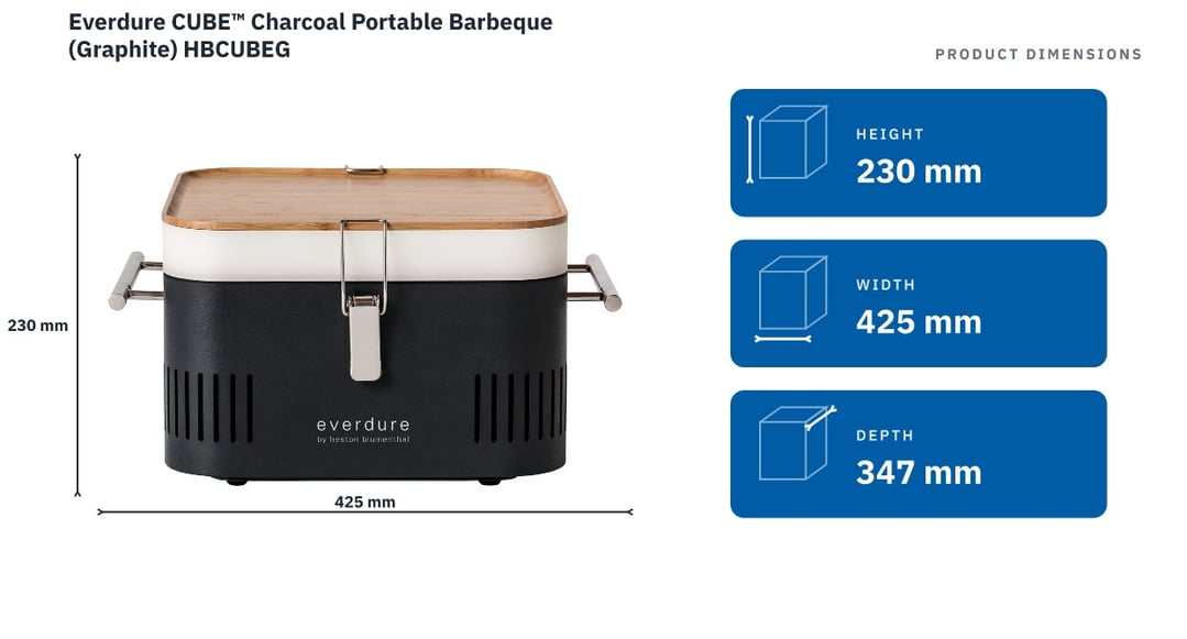Everdure CUBE™ Charcoal Portable Barbeque (Graphite) HBCUBEG — product dimensions
