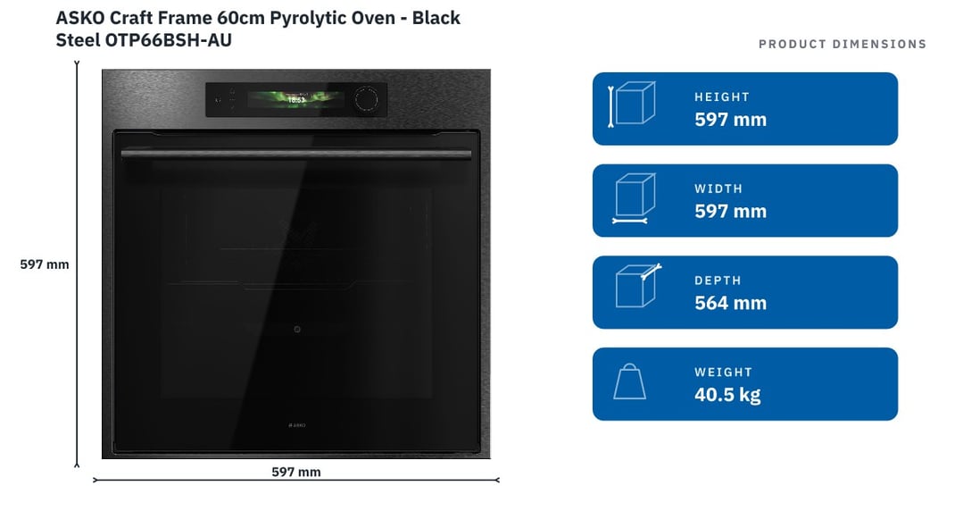 ASKO Craft Frame 60cm Pyrolytic Oven - Black Steel OTP66BSH-AU — product dimensions