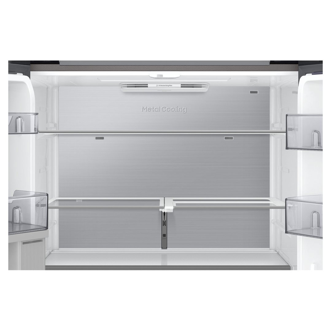 Interior view of a refrigerator with metal cooling and UV deodorizing filter
