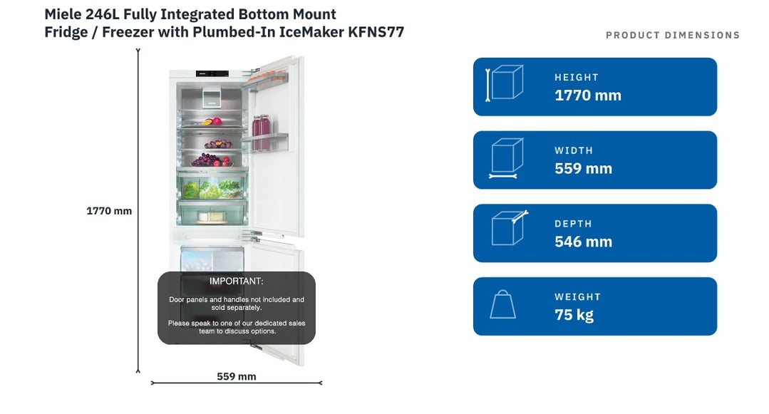 Miele 246L Fully Integrated Bottom Mount Fridge / Freezer with Plumbed-In IceMaker KFNS7795D