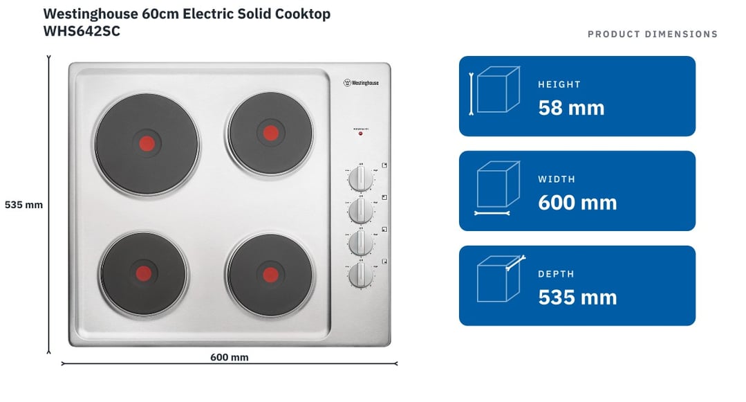 Westinghouse 60cm Electric Solid Cooktop WHS642SC — product dimensions