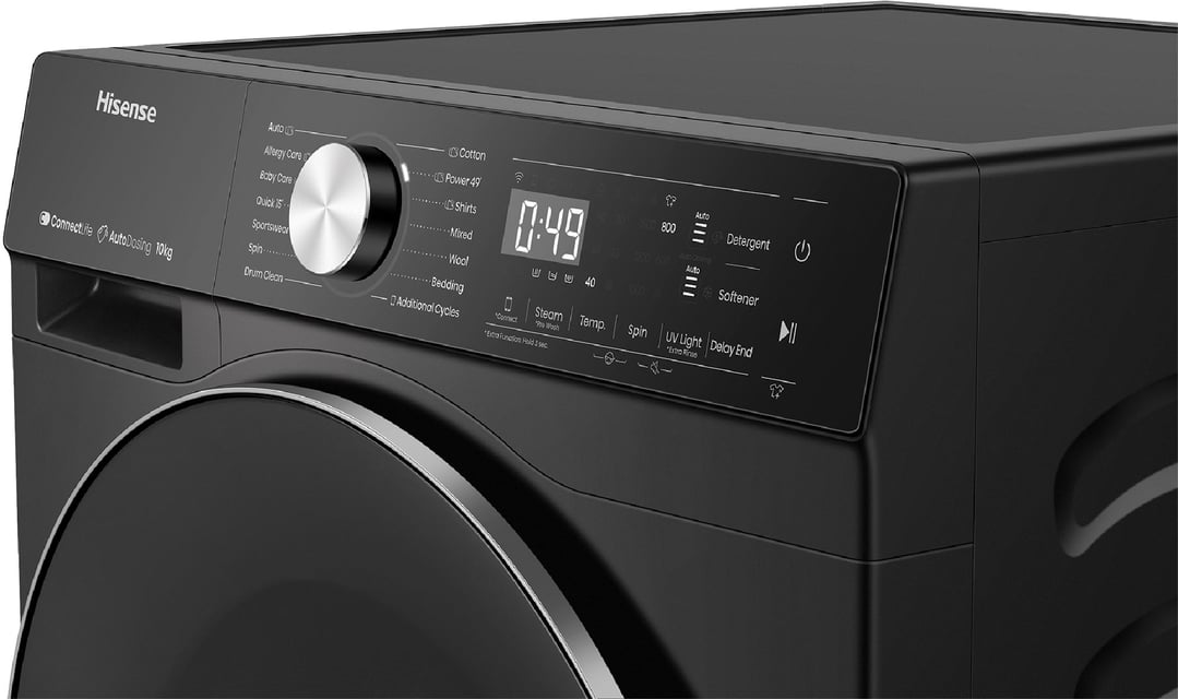 Close-up of a black Hisense washing machine control panel and door