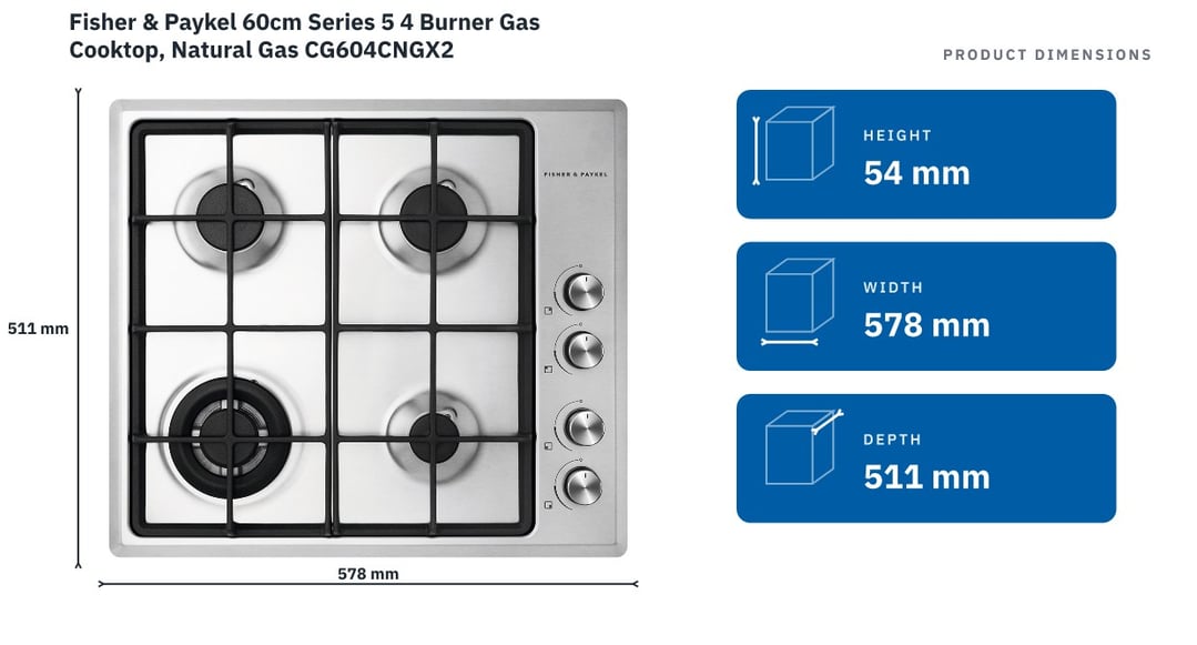 Fisher & Paykel 60cm Series 5 4 Burner Gas Cooktop, Natural Gas CG604CNGX2 — product dimensions