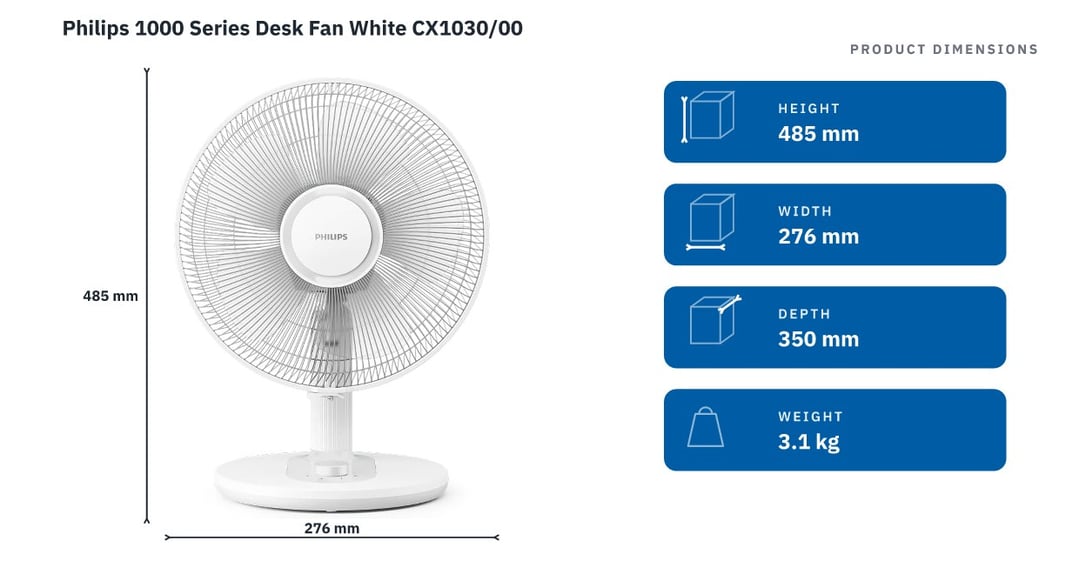 Philips 1000 Series Desk Fan White CX1030/00 — product dimensions