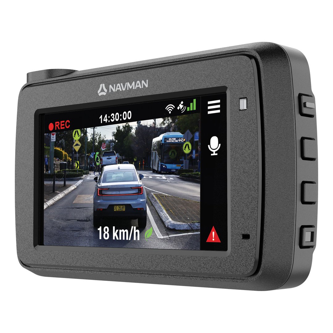 A Navman dash cam displaying a street scene with a car and bus