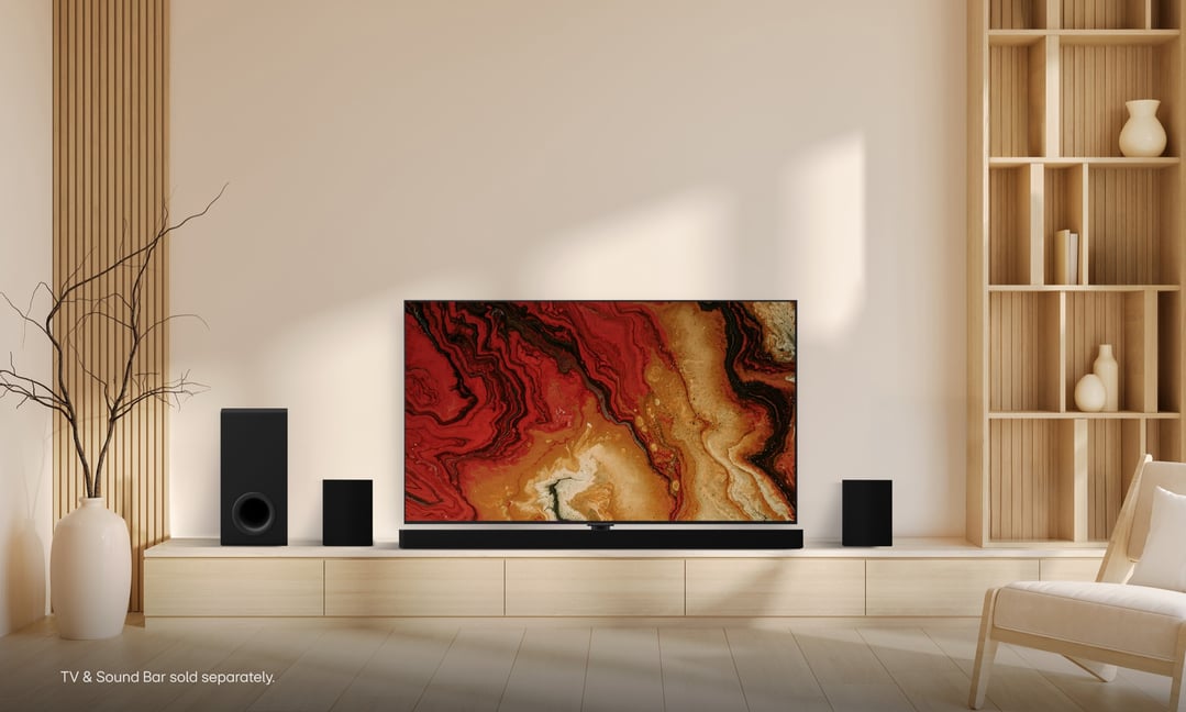 LG 55 inch OLEDG6 EVO AI 4K Smart TV on a wooden console in a living room