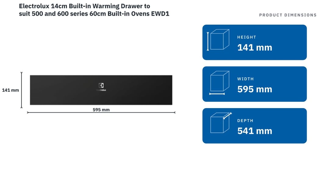 Electrolux 14cm Built-in Warming Drawer to suit 500 and 600 series 60cm Built-in Ovens EWD1406DF — product dimensions