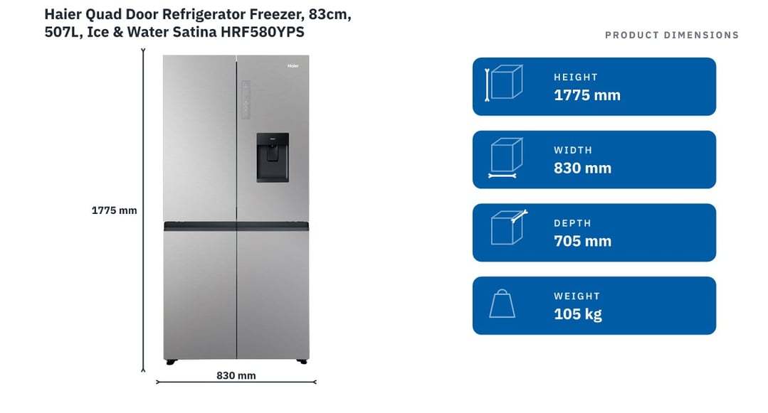 Haier Quad Door Refrigerator Freezer, 83cm, 507L, Ice & Water Satina HRF580YPS