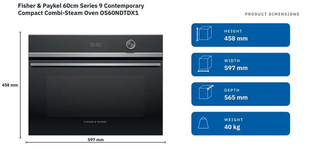 Fisher & Paykel 60cm Series 9 Contemporary Compact Combi-Steam Oven OS60NDTDX1 — product dimensions